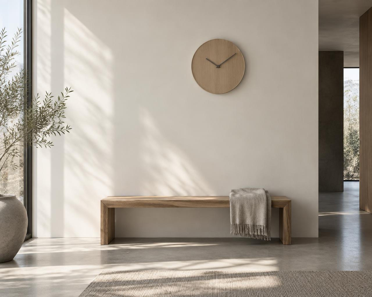 A quiet warm-white interior with a Pickwear wall clock above a wooden bench